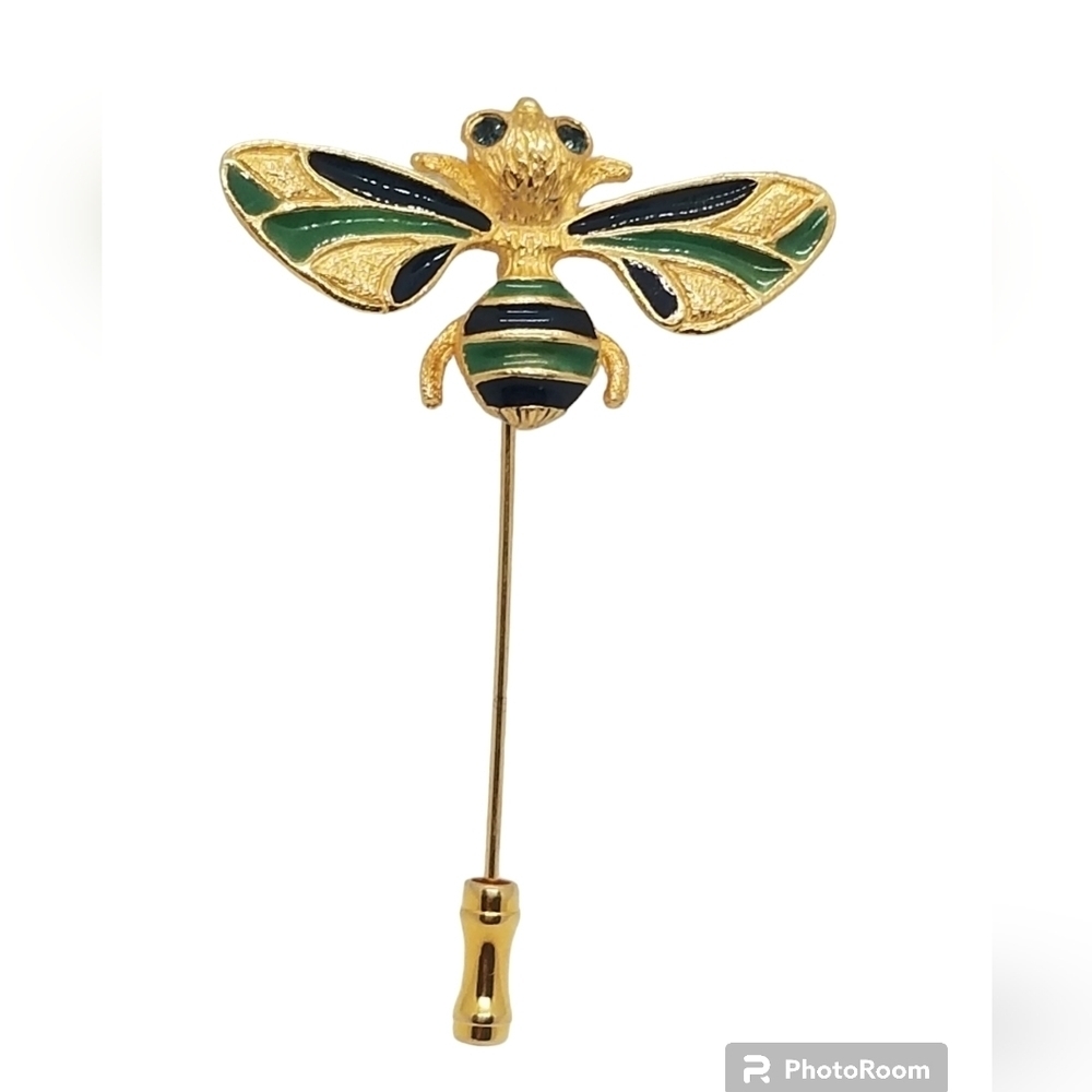 FLORENZA VINTAGE 24K GOLDPLATED WITH GREEN & BLUE ENAMEL BUMBLE BEE STICK PIN